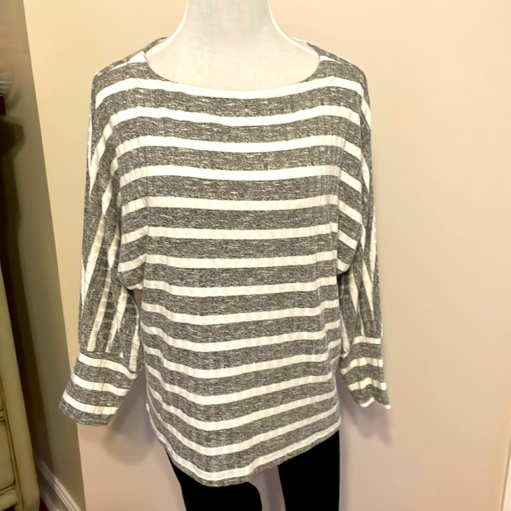 Gray, silver and white striped top